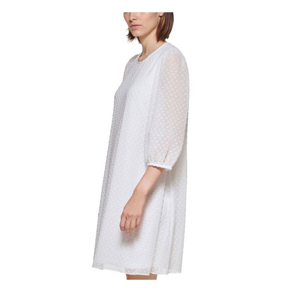 NWT CALVIN KLEIN Womens White Swiss Dots Closure Lined 3/4 Sleeve Shift Dress 2 - Picture 3 of 5